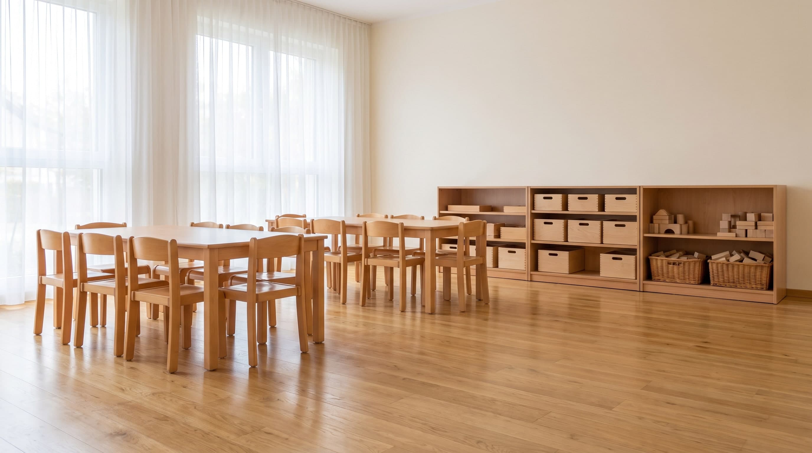 Heller Gruppenraum mit kleinen Holztischen, Kinderstühlen und Regal