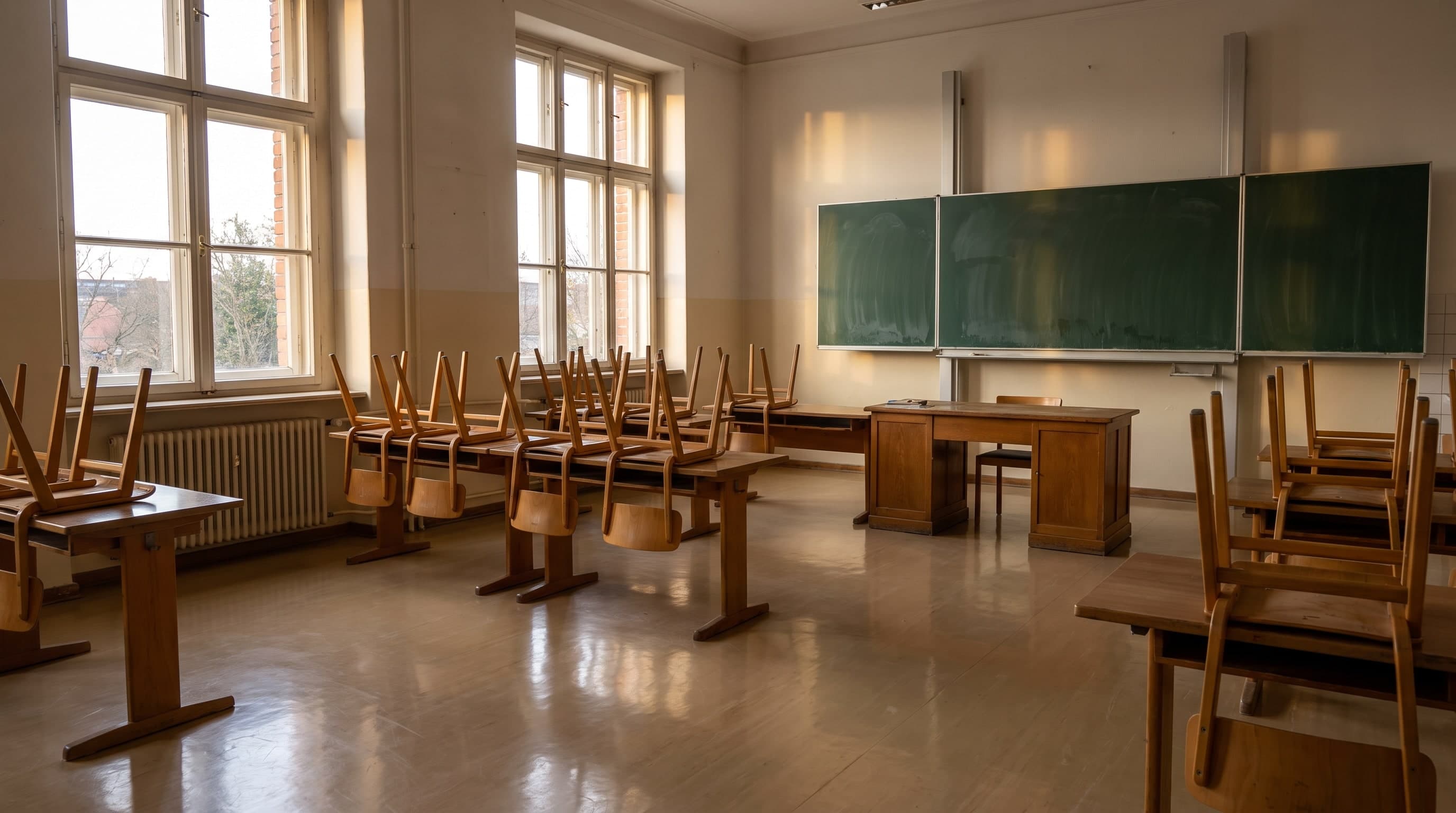 Klassenzimmer mit hochgestellten Stühlen auf den Tischen und grüner Tafel