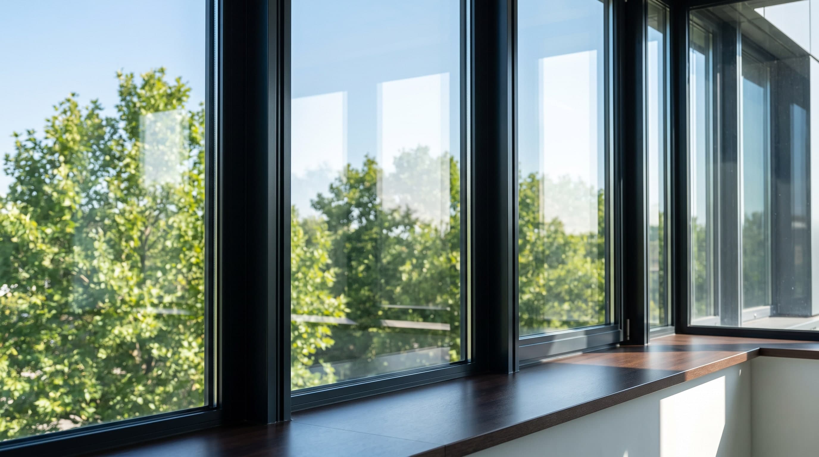 Saubere Fensterfront von innen mit Blick auf grüne Baumkronen