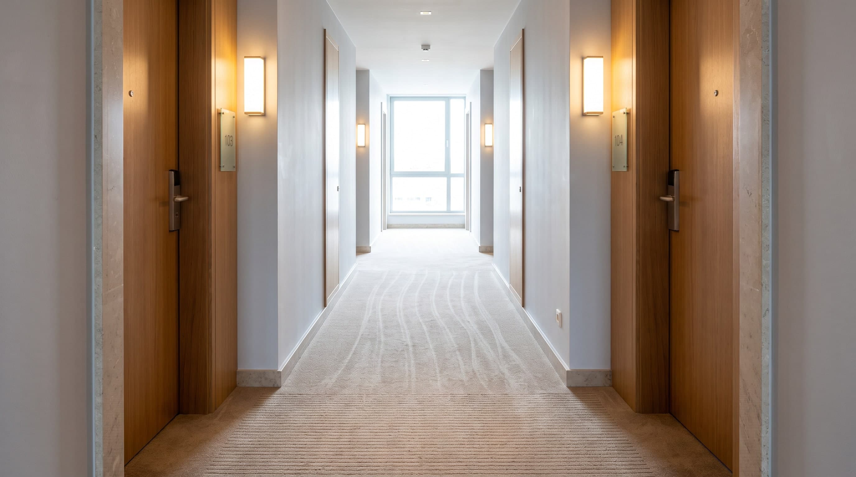Ruhiger Hotelflur mit Holztüren, Wandleuchten und Teppichboden