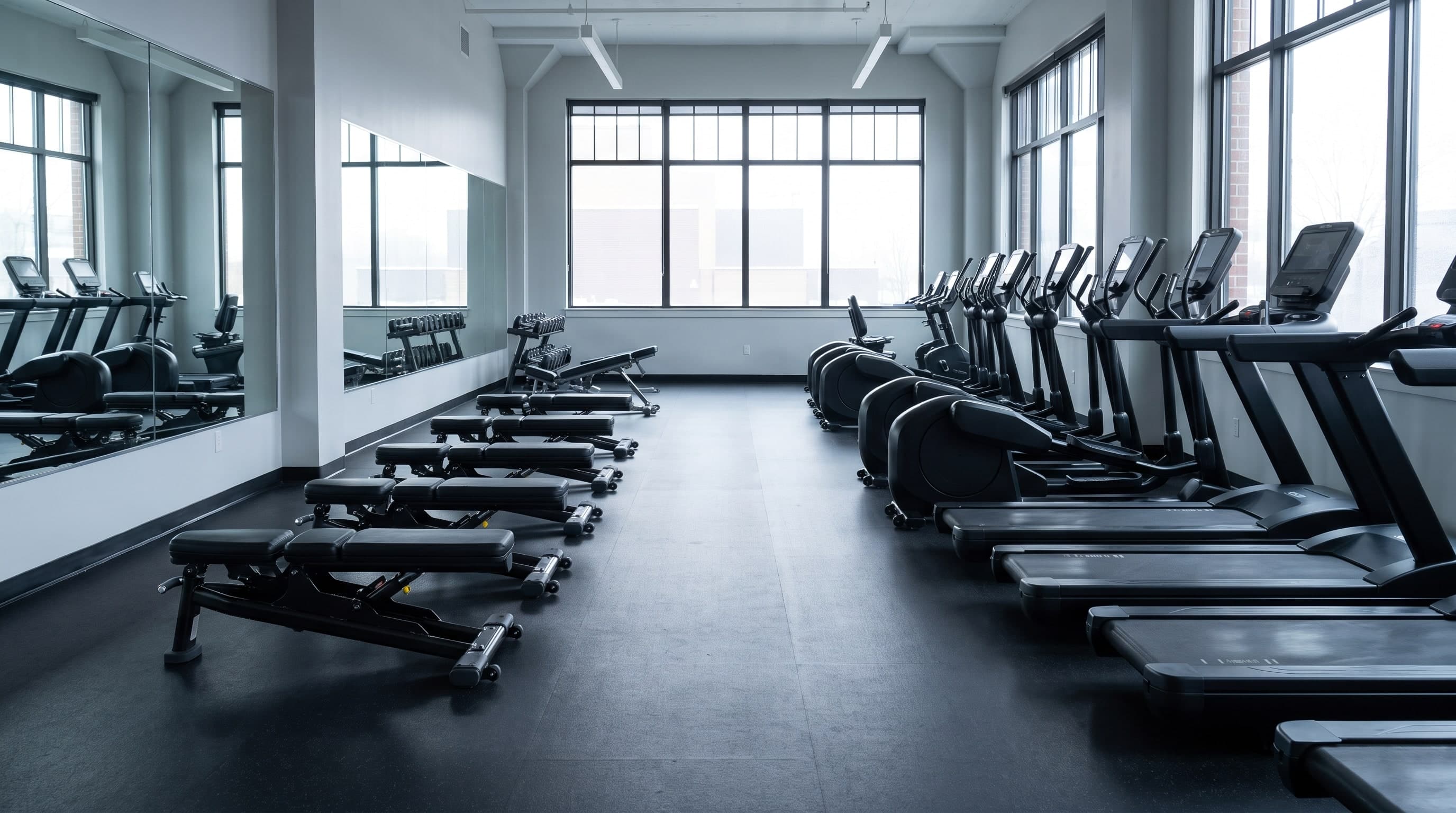 Leeres Fitnessstudio mit Laufbändern, Crosstrainern und Hantelbänken vor großen Fenstern